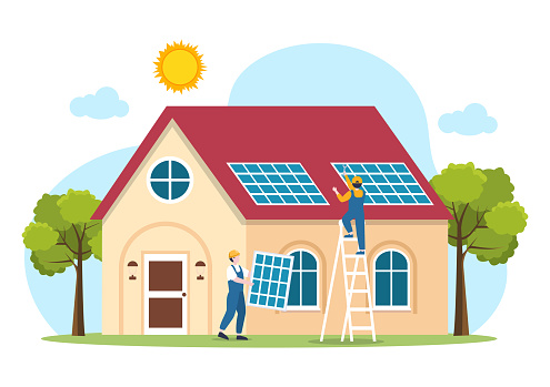Solar Energy Installation, Panel or Wind Turbine Maintenance with Home Service Team For Electricity Network Operation in Cartoon Illustration